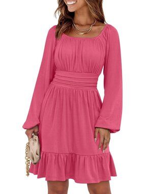 Women's Hot Pink Long Lantern Sleeve Waist Ruffle Flowy Swing A-Line Short Dress